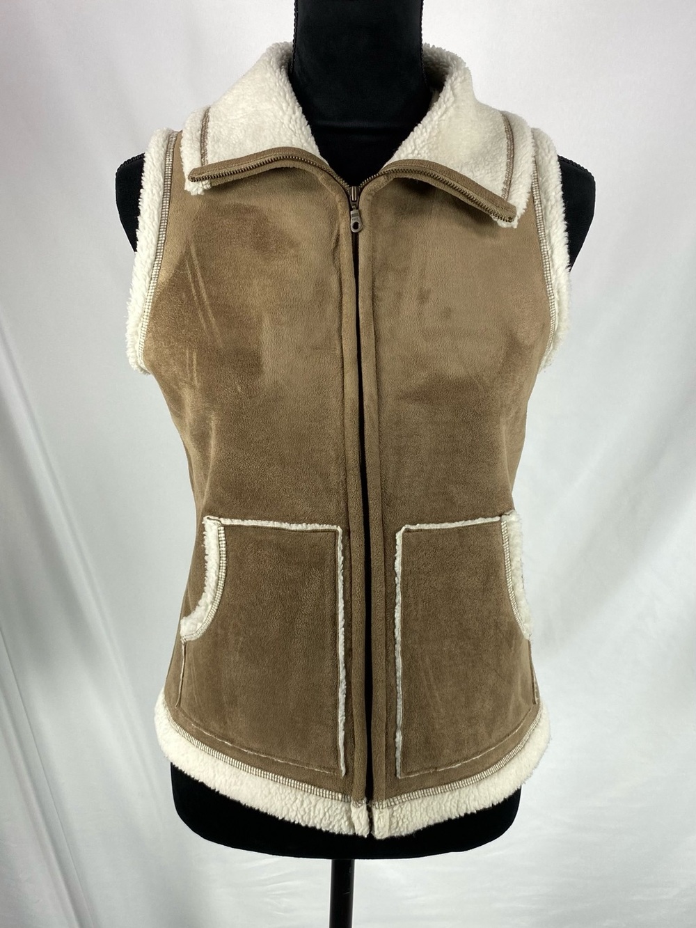 Ann Taylor LOFT Sherpa Trim Vest Women’s S Tan Faux Suede Full Zip Pockets